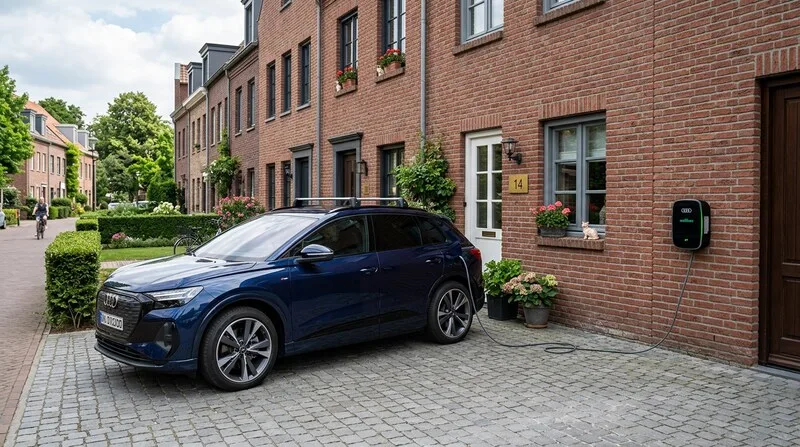 Audi Q4 e-tron lädt an Wallbox am Reihenhaus