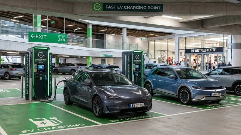 Autohaus-Mitarbeiter übergibt Schlüssel für neues Elektroauto