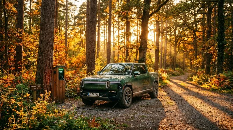 Elektroauto lädt an Schnellladestation am Bergsee in den Alpen