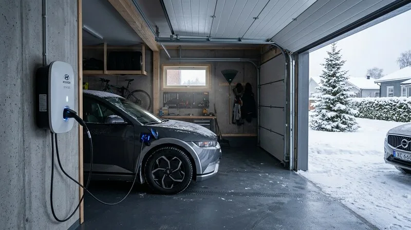 Mann steckt Ladekabel ins Elektroauto an der Heimgarage