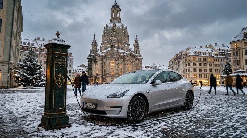 Mercedes EQ lädt in der Altstadt Freiburg an öffentlicher Ladestation