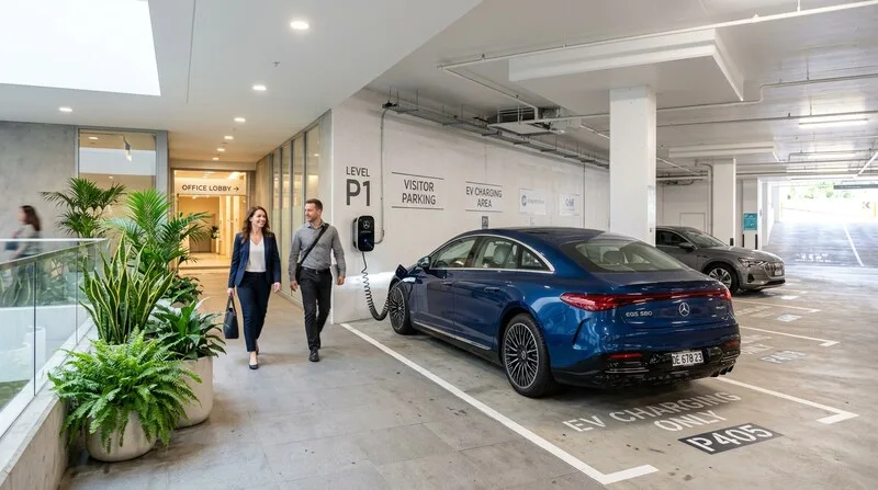 Elektroauto-Dienstwagen lädt am Bürogebäude