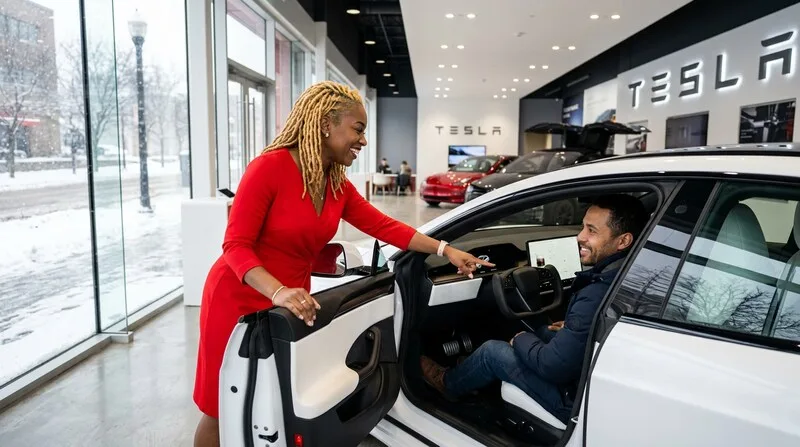 Verkäuferin erklärt Tesla-Modell im Autohaus